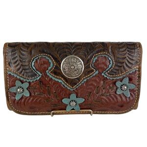 American West Wallet Tooled Leather Brown Turquoise Blue Western Southwestern